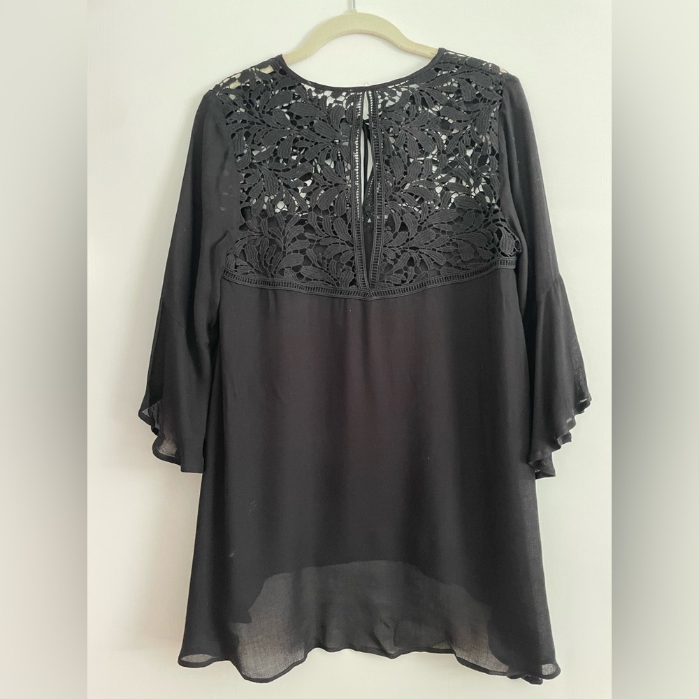 Black Lace Short Sleeve Top Blouse - S